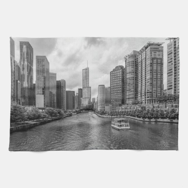 Chicago River och Trump Torn Grayscale Kökshandduk (Horisontell)