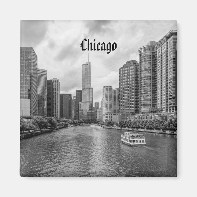 Chicago River och Trump Torn Grayscale Magnet (Framsidan)