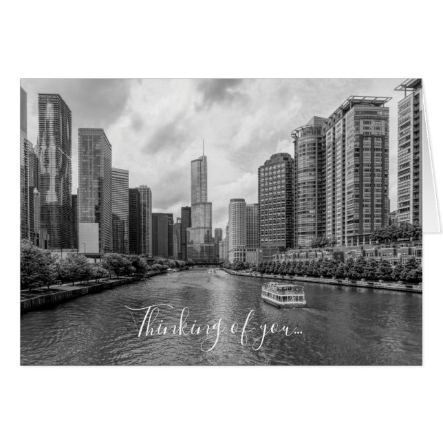 Chicago River och Trump Torn Grayscale OBS Kort (Framsidan Horizontal)