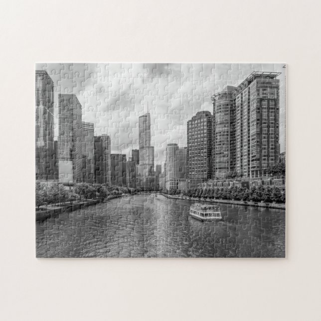 Chicago River och Trump Torn Grayscale Puzzle Pussel (Horisontell)