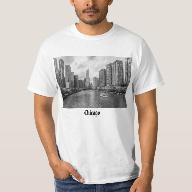 Chicago River och Trump Torn Grayscale T-Shirt (Framsida)
