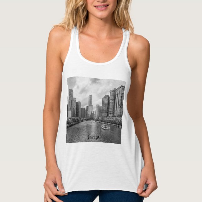 Chicago River och Trump Torn Grayscale Tanktop Linne Med Racerback (Framsida)