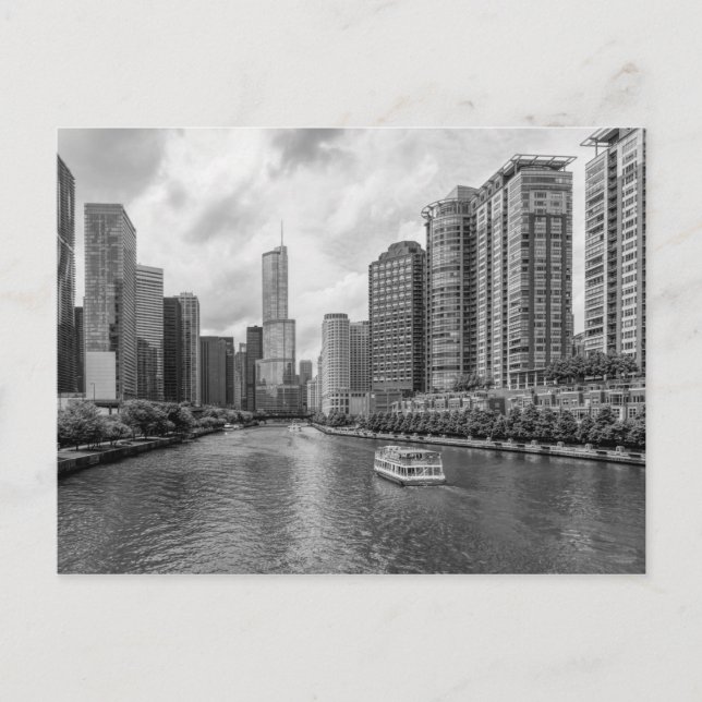 Chicago River och Trump Torn Grayscale Vykort (Framsida)