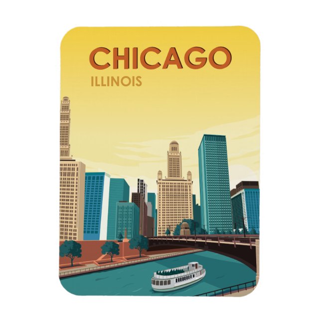 Chicago River Skyline Vintage resor Magnet (Vertikal)