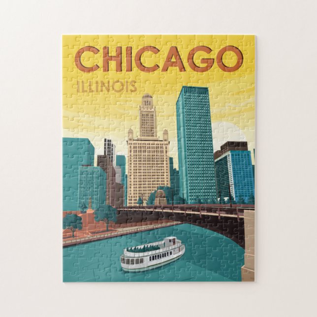 Chicago River Skyline Vintage resor Pussel (Vertikal)