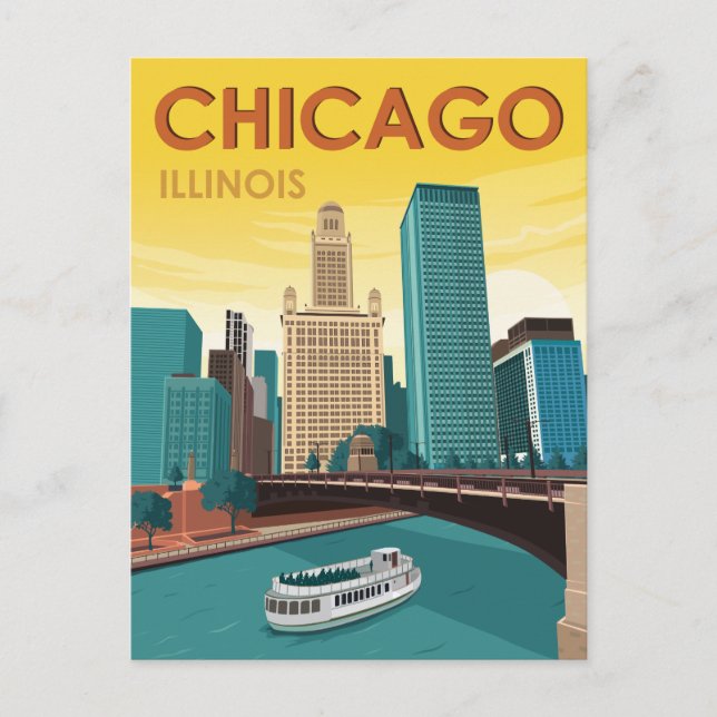 Chicago River Skyline Vintage resor Vykort (Framsida)