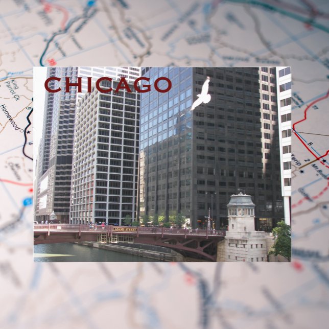 Chicago River Walk Travel Photo Vykort (In Situ Map)
