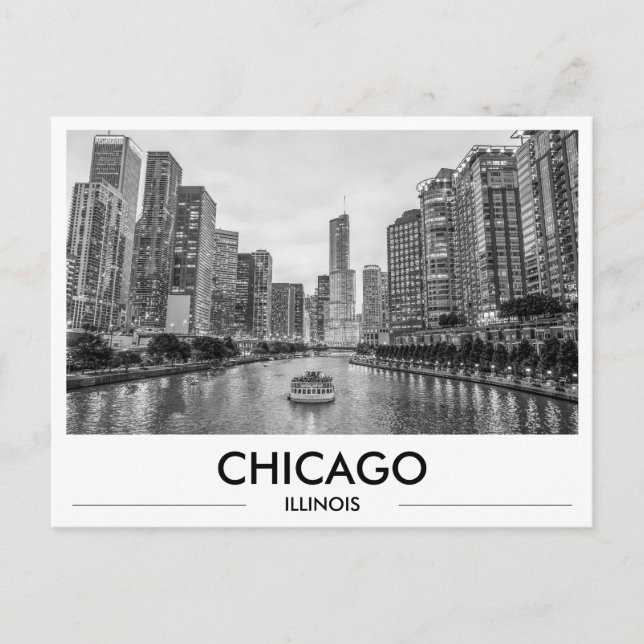 Chicago Riverwalk Black & White Downtown Skyline Vykort (Framsida)