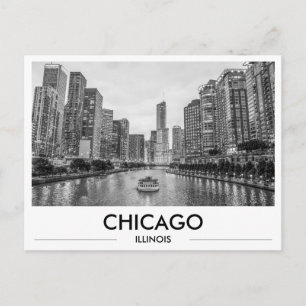 Chicago Riverwalk svart och vitt Downtown Skyline Vykort