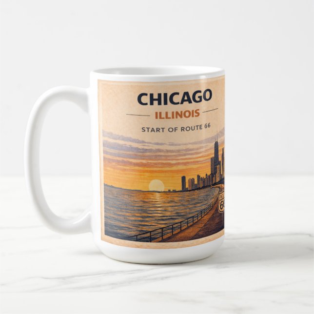 Chicago Route 66 Soluppgång Skyline Kaffe Vibe Kaffemugg (Vänster)