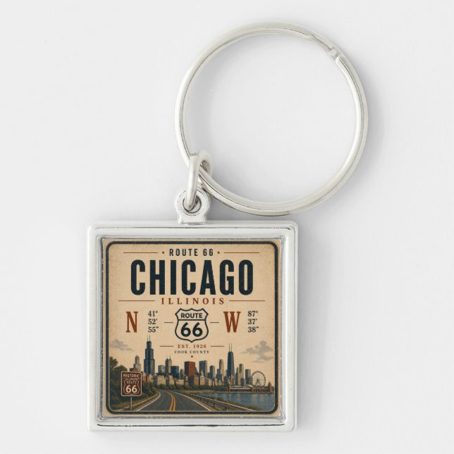 Chicago Route 66 Suvenir Fyrkantig Silverfärgad Nyckelring (Framsidan)
