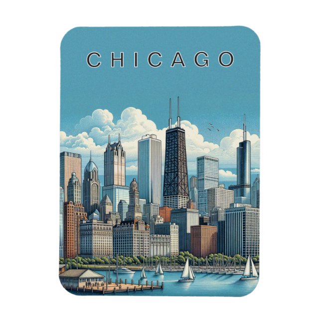 Chicago-silhuett blå magnet (Vertikal)