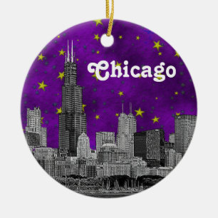 Chicago-silhuett etsad, lila stjärnhimmel julgransprydnad keramik