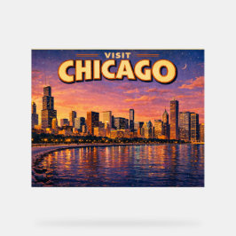Chicago-silhuetten och Lake Michigan på kvällen