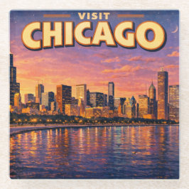Chicago-silhuetten och Lake Michigan på kvällen
