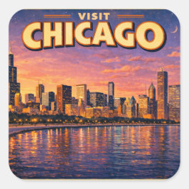 Chicago-silhuetten och Lake Michigan på kvällen Fyrkantigt Klistermärke