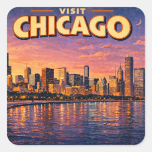 Chicago-silhuetten och Lake Michigan på kvällen Fyrkantigt Klistermärke