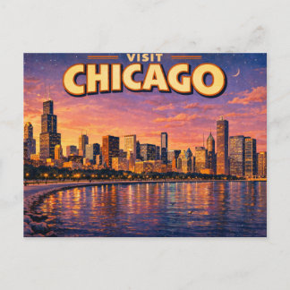 Chicago-silhuetten och Lake Michigan på kvällen Helg Vykort