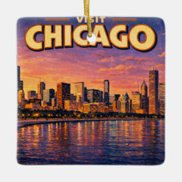 Chicago-silhuetten och Lake Michigan på kvällen Julgransprydnad Keramik