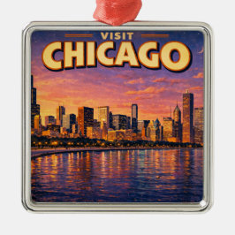 Chicago-silhuetten och Lake Michigan på kvällen Julgransprydnad Metall