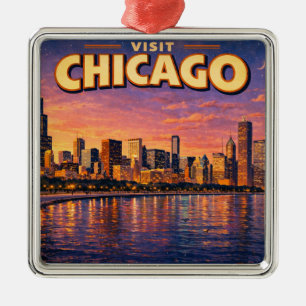 Chicago-silhuetten och Lake Michigan på kvällen Julgransprydnad Metall