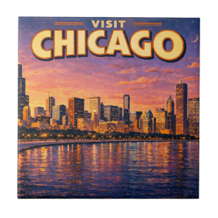 Chicago-silhuetten och Lake Michigan på kvällen Kakelplatta