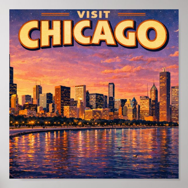 Chicago-silhuetten och Lake Michigan på kvällen Poster (Framsidan)
