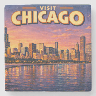 Chicago-silhuetten och Lake Michigan på kvällen Stenunderlägg