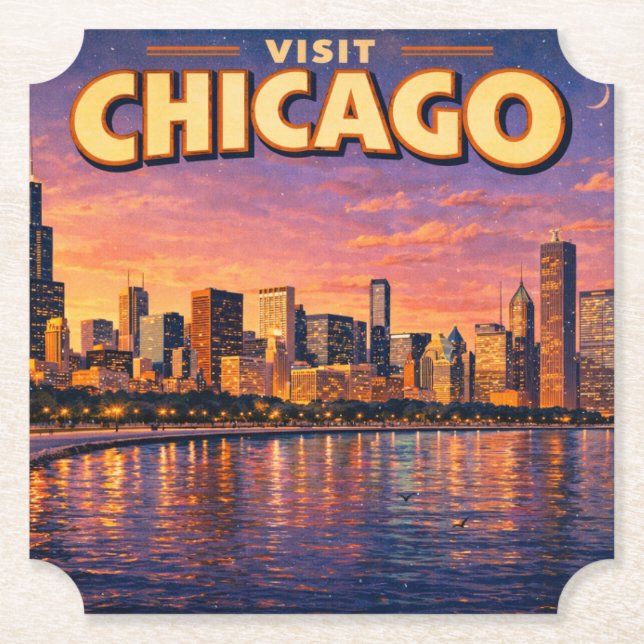 Chicago-silhuetten och Lake Michigan på kvällen Underlägg Papper (Framsida)