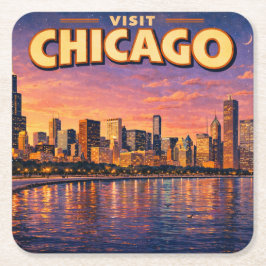 Chicago-silhuetten och Lake Michigan på kvällen Underlägg Papper Kvadrat