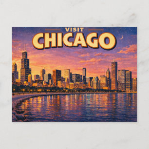 Chicago-silhuetten och Lake Michigan på kvällen Vykort