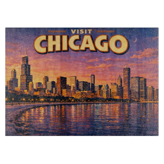 Chicago-siluett och Lake Michigan på kvällen (Framsidan)