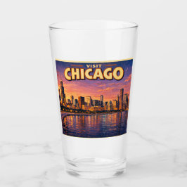 Chicago-siluett och Lake Michigan på kvällen Glaskopp