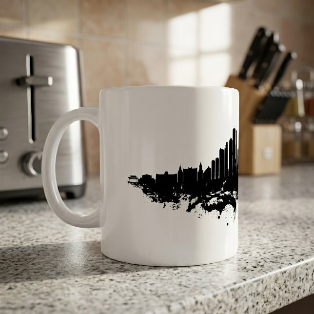 Chicago Siluett Svart Vitt Akvarell Stadskonst Kaffemugg (Chicago Skyline Black White Watercolor City Art. Coffee Mug)