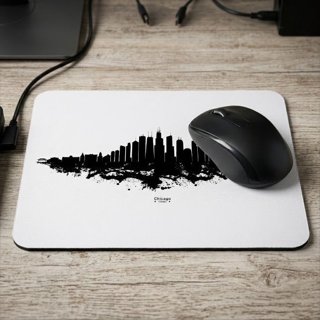 Chicago Siluett Svart Vitt Akvarell Stadskonst Musmatta (Chicago Skyline Black White Watercolor City Art. Mouse Pad )