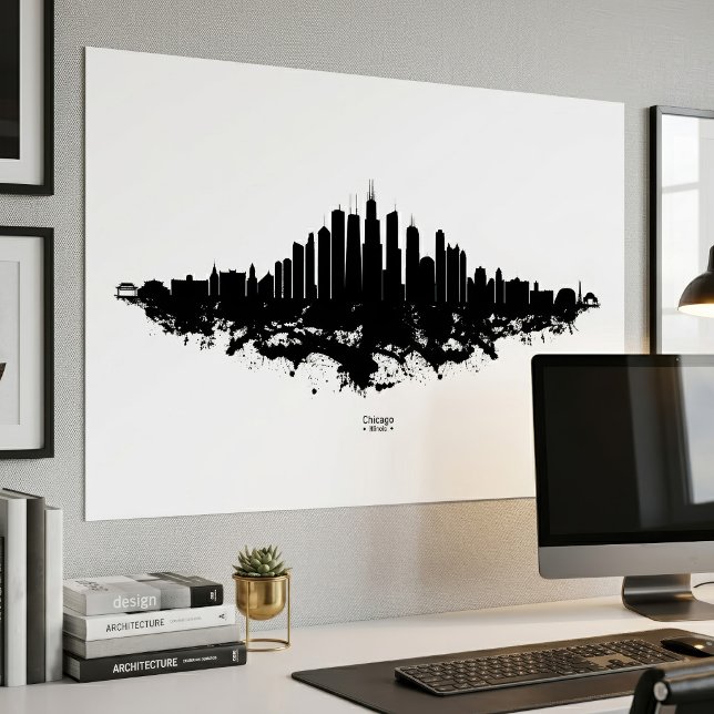 Chicago Siluett Svart Vitt Akvarell Stadskonst Poster (Chicago Skyline Black White Watercolor City Art. Poster)