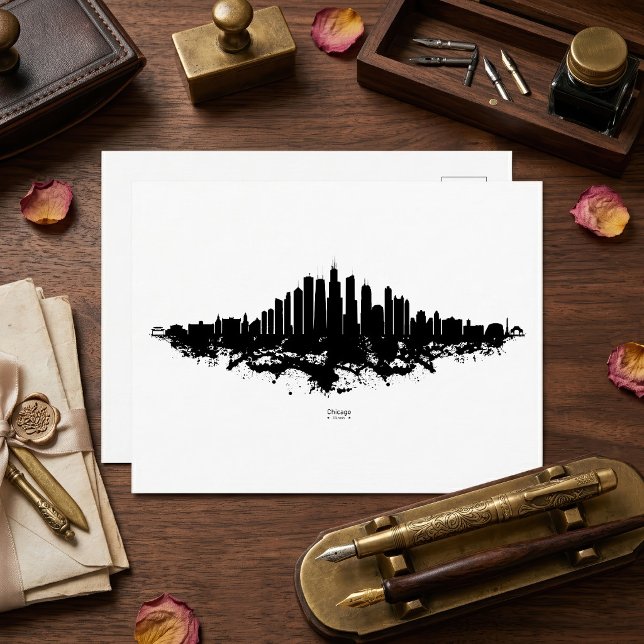 Chicago Siluett Svart Vitt Akvarell Stadskonst Vykort (Chicago Skyline Black White Watercolor City Art. Postcard)