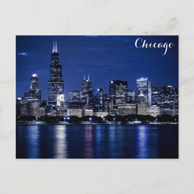 Chicago Sjö Michigan Kusten Skyline vid Nattfoto Vykort (Framsida)