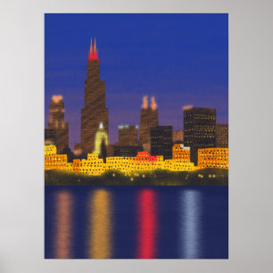 Chicago Sjö Skyline i Night Poster
