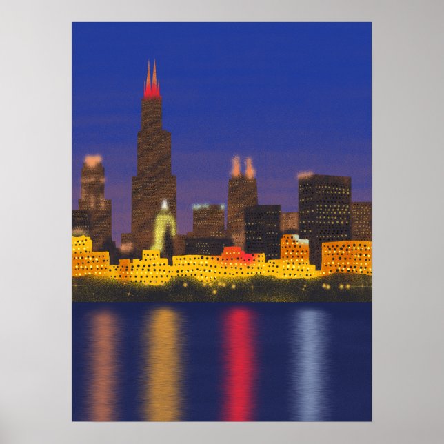 Chicago Sjö Skyline i Night Poster (Framsidan)