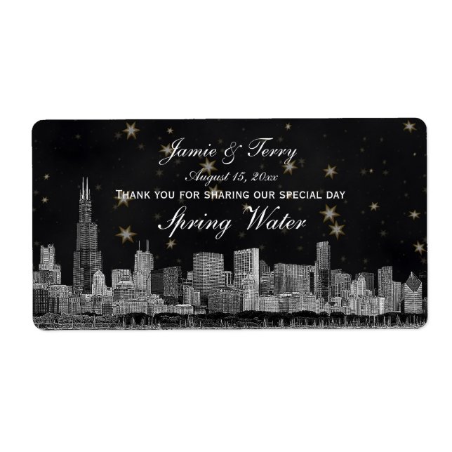 Chicago Skyline #2 Black Guld Star H Vattenflaska Fraktsedel (Framsidan)