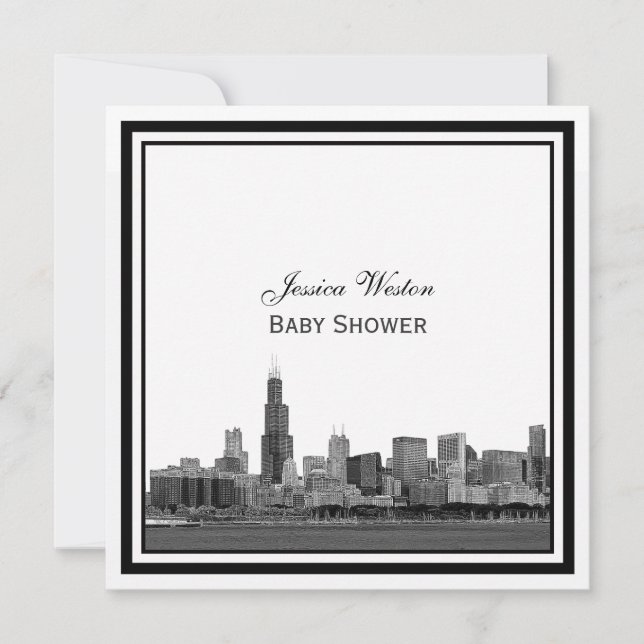 Chicago Skyline #2 Etched Framed Baby Shower Inbjudningar (Framsida)
