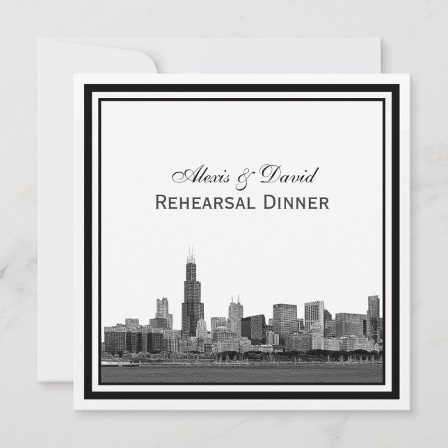 Chicago Skyline #2 Etched Framed Rehearsal Dinner Inbjudningar (Framsida)