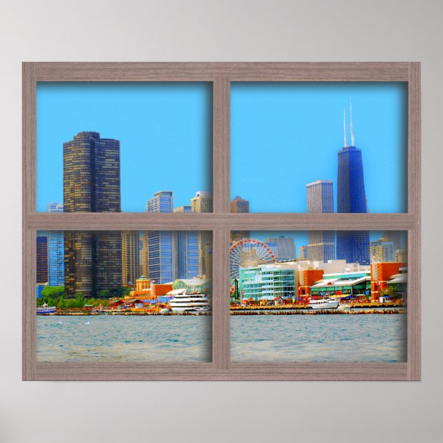 Chicago Skyline 4 Panel Wood Window Poster (Framsidan)