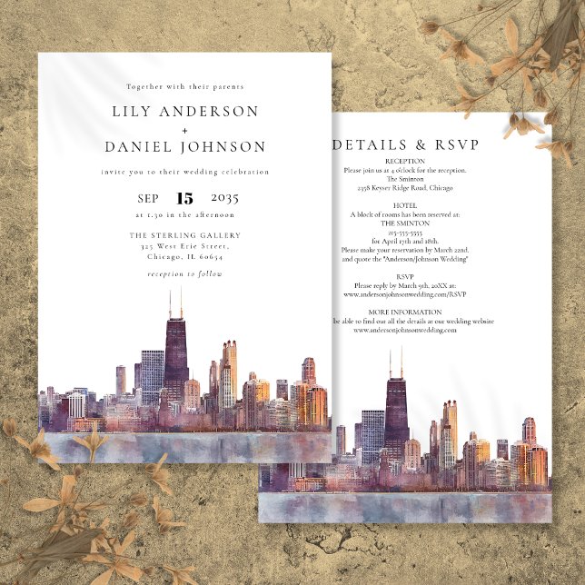 Chicago Skyline Akvarell Allt-i-ett Bröllop Inbjudningar (Chicago Skyline Watercolor All In One Wedding Invitation)