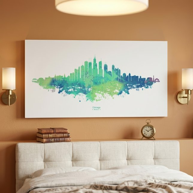 Chicago Skyline Akvarell Blå Grön Stad Konst Canvastryck (Chicago Skyline Watercolor Blue Green City Art. Canvas Print)