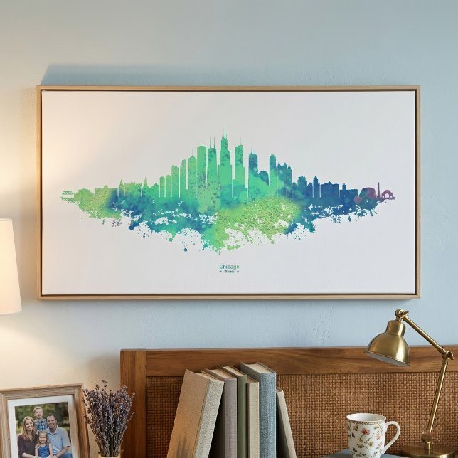 Chicago Skyline Akvarell Blå Grön Stad Konst Fototryck (Chicago Skyline Watercolor Blue Green City Art. Photo Print)