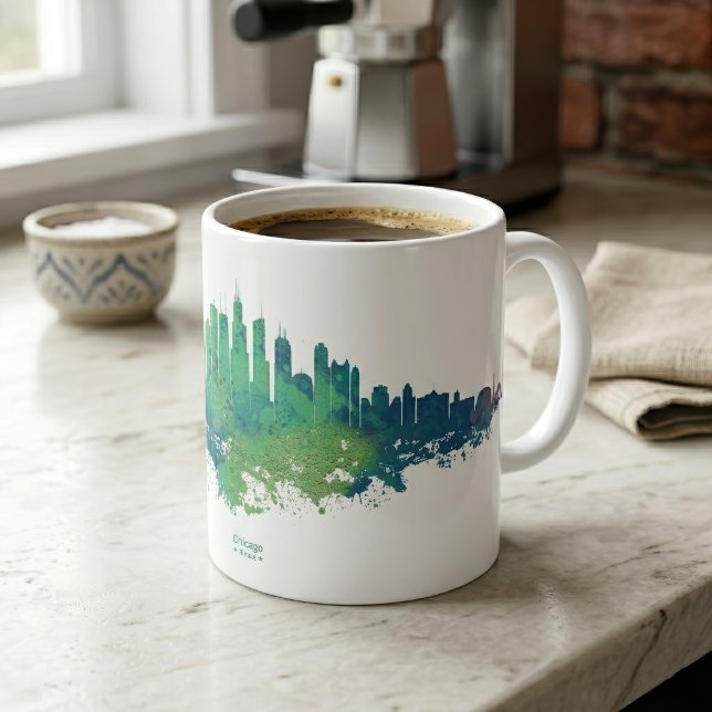 Chicago Skyline Akvarell Blå Grön Stad Konst Kaffemugg (Chicago Skyline Watercolor Blue Green City Art. Coffee Mug)