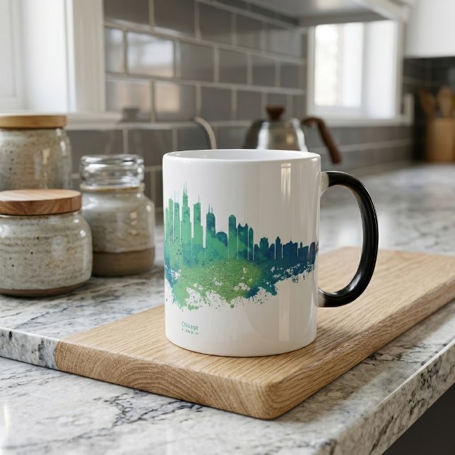 Chicago Skyline Akvarell Blå Grön Stad Konst Magisk Mugg (Chicago Skyline Watercolor Blue Green City Art. Color Morph Mug)