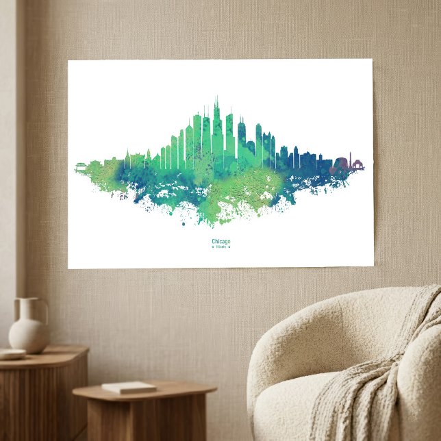 Chicago Skyline Akvarell Blå Grön Stad Konst Poster (Chicago Skyline Watercolor Blue Green City Art. Poster)